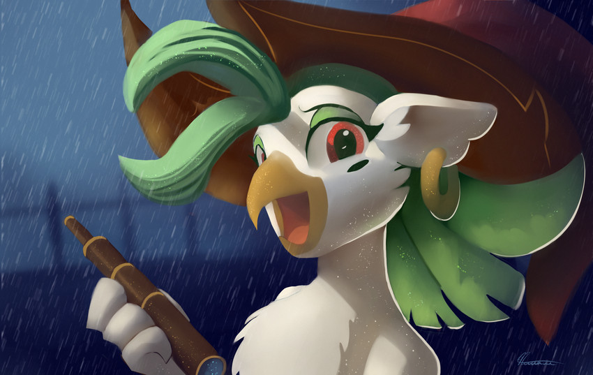 anthro beak clothing eyebrows eyelashes female green_hair hair hat headgear headwear red_eyes solo auroriia friendship_is_magic hasbro my_little_pony my_little_pony:_the_movie_(2017) captain_celaeno_(mlp) avian bird parrot 2020 absurd_res digital_media_(artwork) hi_res