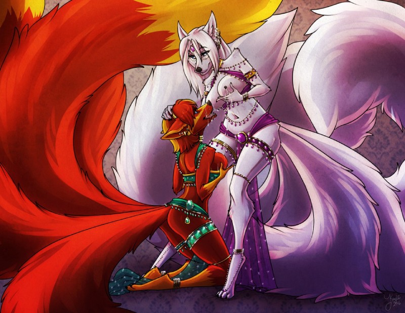 anthro big_breasts black_nipples blue_eyes bodily_fluids breasts butt clothed clothing duo female female/female fur gold_(metal) gold_jewelry hair hand_on_breast harem harem_jewelry harem_outfit jewelry kneeling lactating long_hair milk multi_tail navel nipples open_mouth orange_body orange_fur orange_hair partially_clothed red_body red_fur red_hair side_boob smile tail teeth tongue white_body white_fur white_hair kaylii krinele_fullin molly_fullin canid canine dreamspinner fox mammal 2016 sibling_(lore) sister_(lore) sisters_(lore)