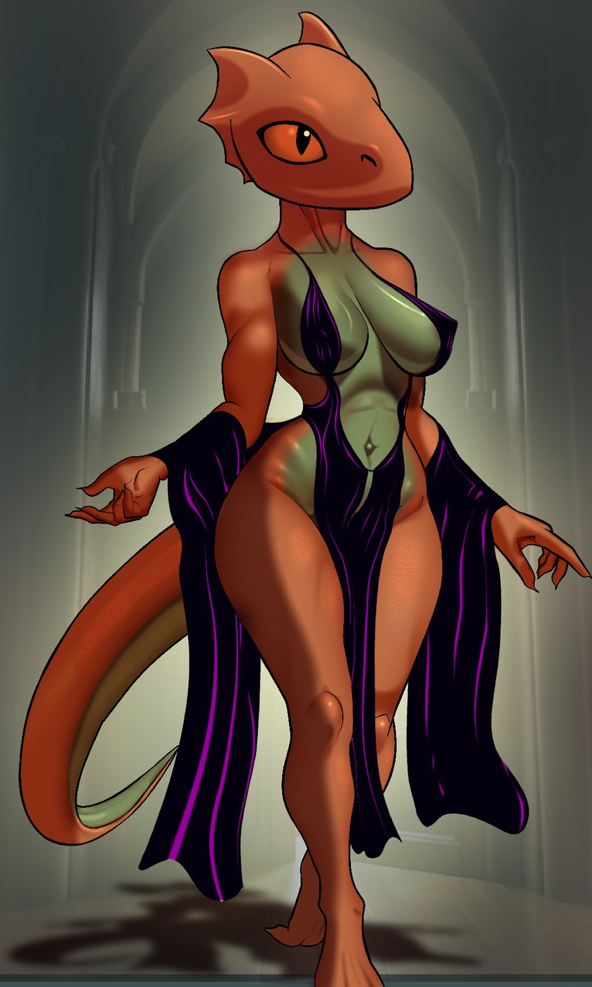 anthro belly breasts brown_body clothing collarbone dress feet female glistening glistening_breasts green_belly green_body navel nipple_outline purple_clothing purple_dress solo wide_hips bluedraggy bethesda_game_studios microsoft oblivion prequel_adventure the_elder_scrolls quill-weave argonian scalie 2024 hi_res