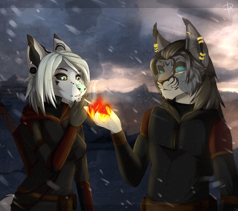 anthro clothed clothing detailed_background duo ear_piercing elemental_manipulation female fire fire_manipulation magic male piercing smoking padjetxharrington padjet_harrington canid canine felid mammal digital_media_(artwork) hi_res