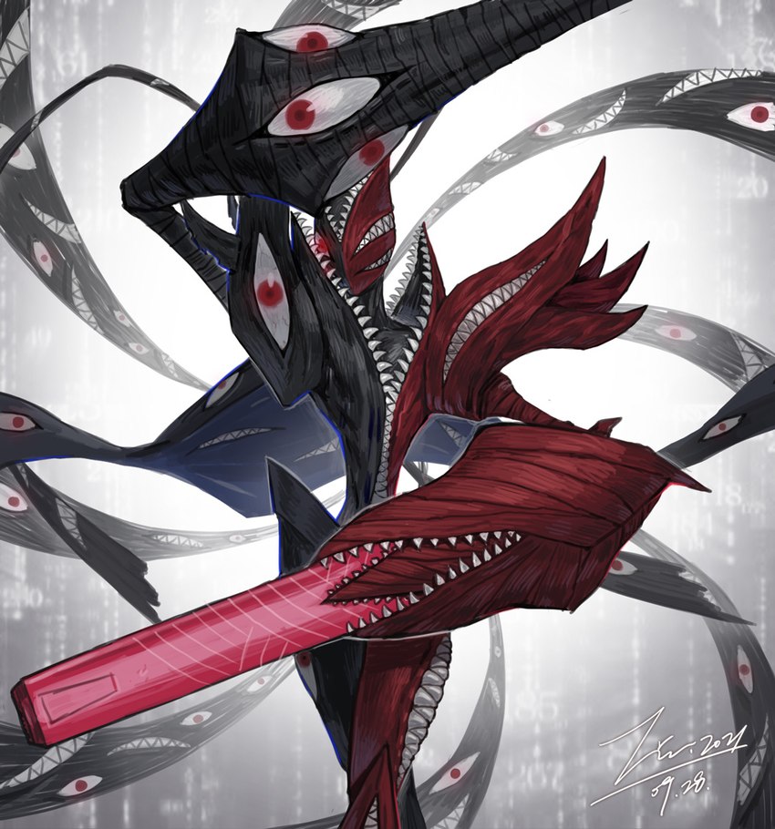 abstract_background ambiguous_gender arm_cannon chest_mouth duality eyes_everywhere front_view glowing glowing_eyes grin hand_mouth leg_mouth light looking_at_viewer multi_eye multi_mouth not_furry number red_eyes sharp_teeth small_waist smile solo split_color standing teeth jinluarj13 bandai_namco digimon abbadomon abbadomon_core humanoid monster monstrous_humanoid lighting portrait