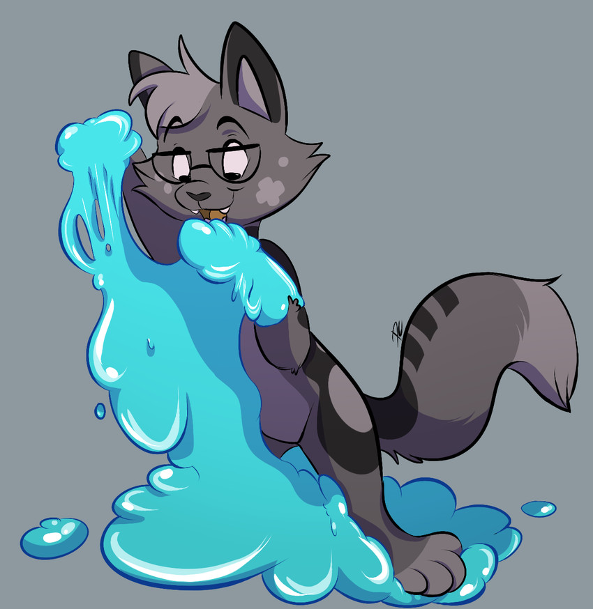 anthro black_markings blue_slime eyewear female fur glasses goo_transformation grey_body grey_fur happy head_tuft markings mid_transformation simple_background slime solo transformation tuft pastelcore domestic_cat felid feline felis mammal hi_res