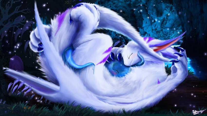 4_fingers 4_toes big_ears big_feet blue_body blue_claws blue_eyes blue_markings blue_nails blue_toenails blue_wings blush cave claws colored_nails curling_toes duo eyes_closed feet fingers fluffy fluffy_tail fur furred_wings grass inner_ear_fluff lying lying_on_ground male markings nails on_back on_ground plant purple_markings purple_stripes slime stripes tail teeth tentacle_between_legs tentacles toe_claws toenails toes tuft white_body white_fur white_hands white_legs white_wings winged_arms wings wyverness european_mythology mythology dragon furred_dragon furred_scalie goo_creature monster mythological_creature mythological_scalie scalie western_dragon wyvern 16:9 hi_res wallpaper widescreen