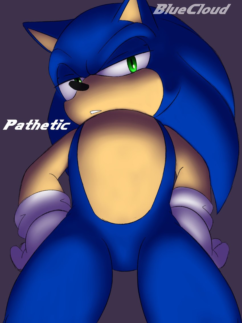 anthro blue_body blue_fur clothing fur gloves green_eyes half-closed_eyes handwear looking_at_viewer low-angle_view male narrowed_eyes perspective solo text thick_thighs bluecloud pathetic_(meme) sega sonic_the_hedgehog_(series) sonic_the_hedgehog eulipotyphlan hedgehog mammal 3:4 artist_name english_text hi_res meme