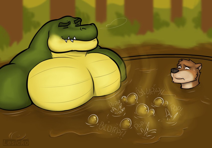 anthro disgust duo eyes_closed fart fart_bubbles male male/male mud mud_bath muscular muscular_anthro muscular_male pecs size_difference smelly stink_fumes stink_lines swamp lesicko crocodile crocodilian mammal mustelid otter reptile scalie absurd_res hi_res