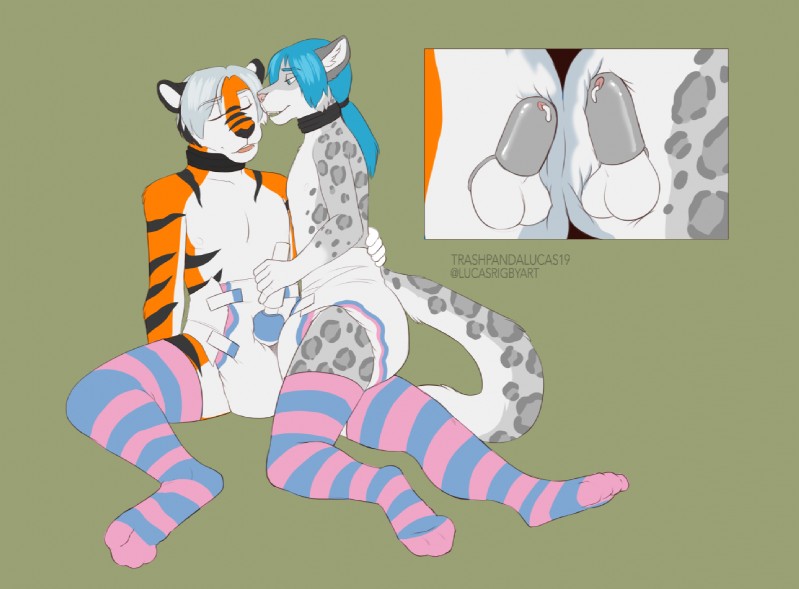 anthro bodily_fluids chastity_cage chastity_device clean_diaper clothed clothing collar diaper duo genital_fluids male male/male mutual_chastity precum sex_toy sheath_cage vibrator wearing_diaper trashpandalucas scyler seraph_(seraph) felid mammal pantherine snow_leopard tiger