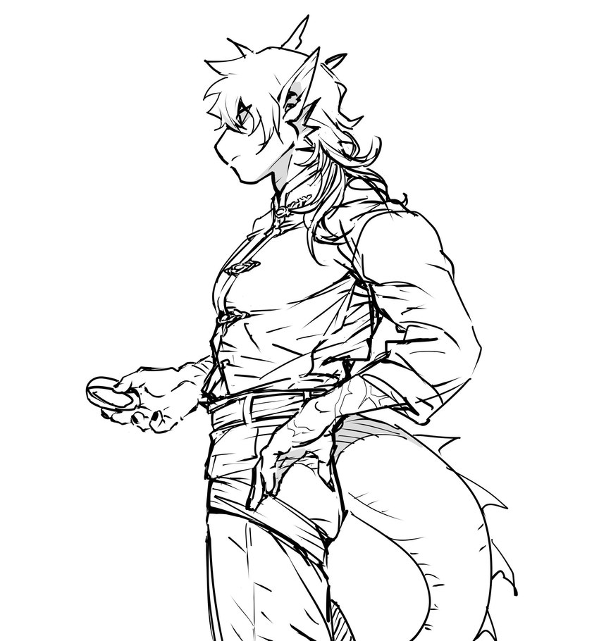 anthro bottomwear clothed clothing grey_body hair holding_object horn looking_away male pants solo tail white_body mm23716 arknights hypergryph mythology studio_montagne lee_(arknights) carp cyprinid cypriniform dragon fish marine mythological_creature mythological_scalie scalie hi_res monochrome sketch