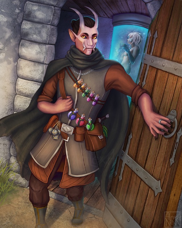 alchemist armor bag belt bottle chain clothed clothing coat container door duo explosives grass grenade hair horn light looking_at_viewer male melee_weapon not_furry plant ring shadow teeth topwear weapon alexa_neon ling human humanoid mammal tiefling rpg_(disambiguation) 2019 4:5 digital_media_(artwork)