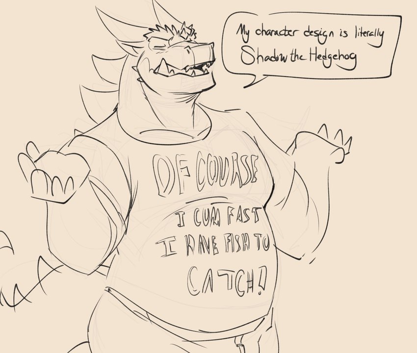 anthro bottomwear clothing denim denim_bottomwear denim_clothing eyes_closed gesture horn jeans male pants shirt shrug solo speech_bubble text topwear chibsarts european_mythology mythology chiderg dragon mythological_creature mythological_scalie scalie western_dragon english_text hi_res