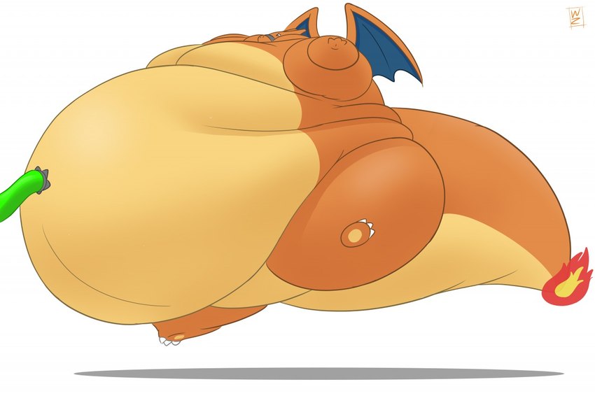 ambiguous_gender anthro belly belly_expansion big_belly big_tail expansion fire flaming_tail floating green_hose hose hose_in_navel hose_inflation huge_belly huge_tail hyper hyper_belly hyper_inflation hyper_tail immobile inflation morbidly_obese morbidly_obese_ambiguous morbidly_obese_anthro obese obese_ambiguous obese_anthro orange_body orange_tail orange_wings overweight overweight_ambiguous overweight_anthro red_eyes simple_background solo swelling tail tan_belly white_background wings wazplm52 mythology nintendo pokemon charizard dragon generation_1_pokemon mythological_creature mythological_scalie pokemon_(species) scalie 2020 colored digital_media_(artwork) shaded signature spanish_description