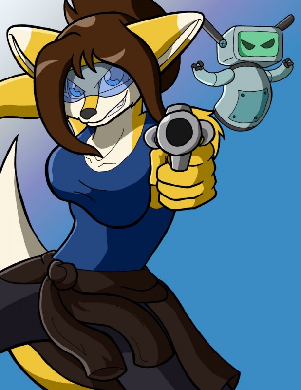 anthro blue_eyes breasts brown_hair clothed clothing duo eyewear female fur glasses gun hair machine multicolored_body multicolored_fur ranged_weapon weapon yellow_body yellow_fur thelordoflemonz uberquest claire_o'conell proto_(skidd) canid canine fennec_fox fox mammal robot true_fox 2017 hi_res