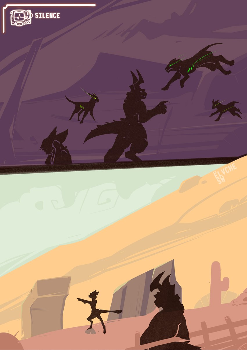 anthro boulder cactus female fence feral glowing glowing_eyes pip-boy plant rock silhouette conditional_dnp elvche scalywanderer fallout microsoft lazy_(elvche) tori_(elvche) deathclaw night_stalker_(fallout) scalie 2023 artist_collaboration artist_name comic hi_res