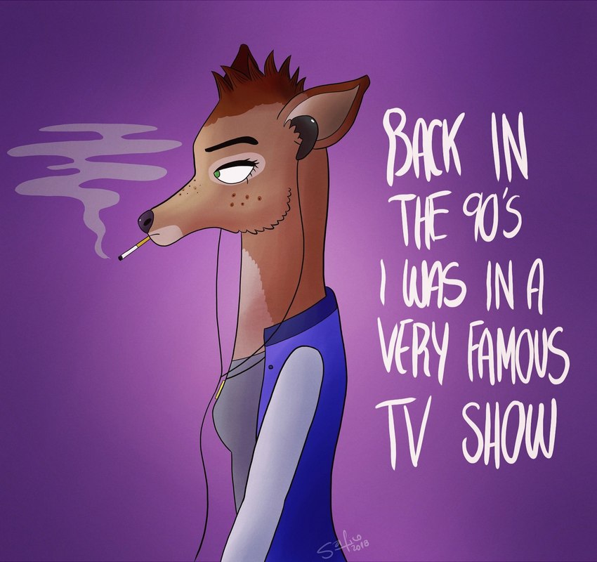 breasts brown_body brown_fur brown_hair cigarette clothing electronics female freckles fur green_eyes hair headphones jacket jewelry letterman_jacket necklace smoke smoking solo text topwear saficosdreams bojack_horseman netflix penny_carson deer mammal english_text hi_res signature