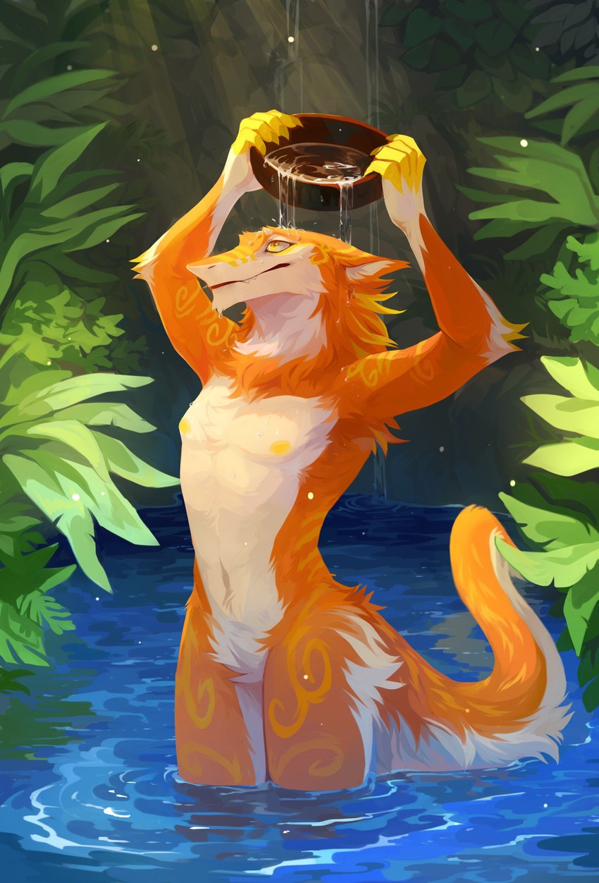 anthro armpit_hair body_hair bowl chest_tuft container featureless_crotch fluffy fluffy_tail fur glistening glistening_eyes holding_bowl holding_container holding_object male mouth_closed neck_tuft nipples nude orange_body orange_fur outside partially_submerged pond solo standing tail teeth tuft unsigned water wet wet_body wet_fur white_body white_fur yellow_body yellow_eyes yellow_fur corzh77 sergal absurd_res hi_res