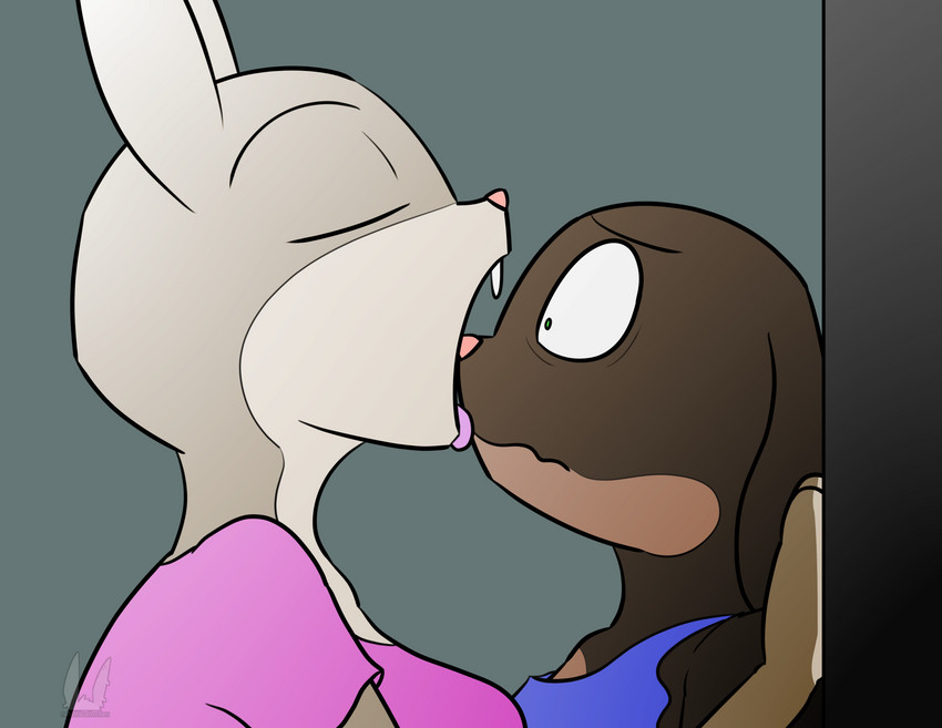 anthro anthro_pred anthro_prey clothed clothing duo eyes_closed female female_pred forced imminent_vore oral_vore same_size_vore simple_background unwilling_prey vore rabbitinafoxden disney zootopia judy_hopps lagomorph leporid mammal rabbit hi_res story story_in_description