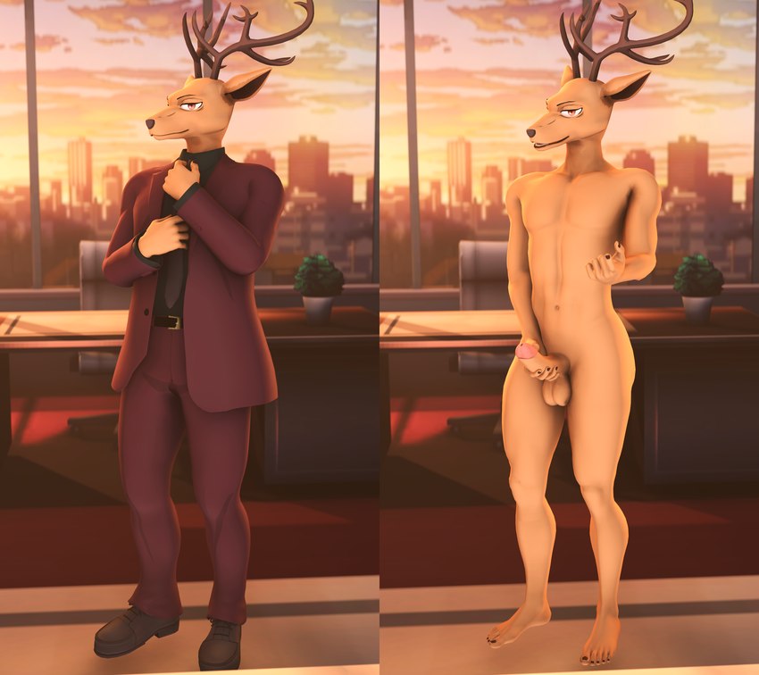 anthro clothing genitals humanoid_genitalia humanoid_penis inviting looking_at_viewer male masturbation necktie office penis penis_grab plantigrade presenting solo standing suit crescentpapermoon darkflash23 beastars louis_(beastars) cervine deer mammal red_deer 3d_(artwork) absurd_res digital_media_(artwork) hi_res