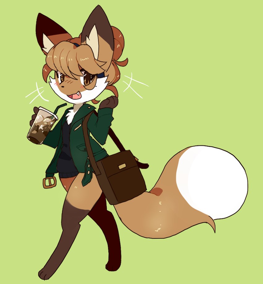 anthro beverage brown_body brown_eyes brown_fur clothing dipstick_tail female female_anthro fur gloves_(marking) green_clothing hair leg_markings looking_at_viewer markings shoulder_bag simple_background socks_(marking) solo tail tail_markings walking white_body white_fur conditional_dnp fiddleafox averi_(fiddleafox) canid canine fox mammal grandfathered_content