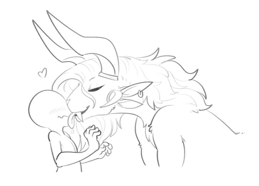 4_ears 4_horns anthro blush duo ear_piercing eyes_closed face_lick fangs female female_on_human heart_symbol horn human_on_anthro interspecies larger_anthro larger_female licking male male/female male_on_anthro multi_ear multi_horn piercing simple_background size_difference smaller_human smaller_male teeth tongue tongue_out white_background halbean guild_wars purna_whitewillow charr felid human mammal 2021 hi_res monochrome