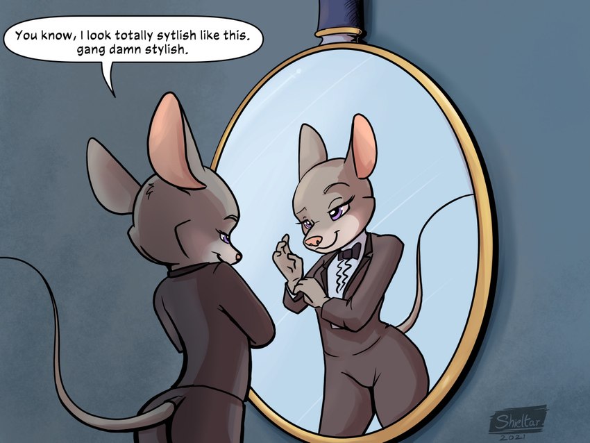 alternate_species anthro bottomwear clothed clothing dialogue female fur furgonomic_bottomwear furgonomics grey_body grey_fur half-closed_eyes mirror narrowed_eyes pink_nose purple_eyes solo tail text shieltar disney zootopia judy_hopps mammal mouse murid murine rodent 2021 4:3 english_text