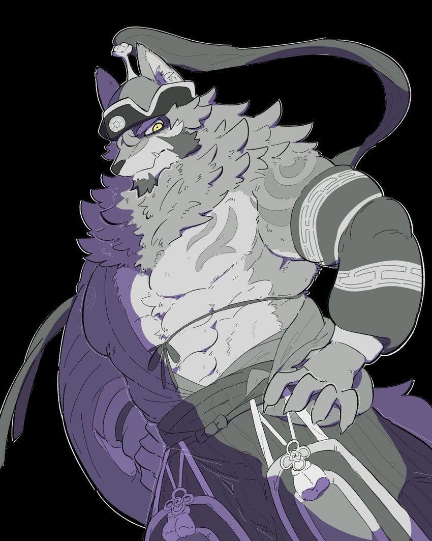 abs anthro chest_tuft looking_down male mongolian_clothing neck_tuft pecs solo tuft yellow_eyes hinyo731887 lifewonders tokyo_afterschool_summoners temujin_(tas) canid canine canis mammal wolf 4:5 hi_res