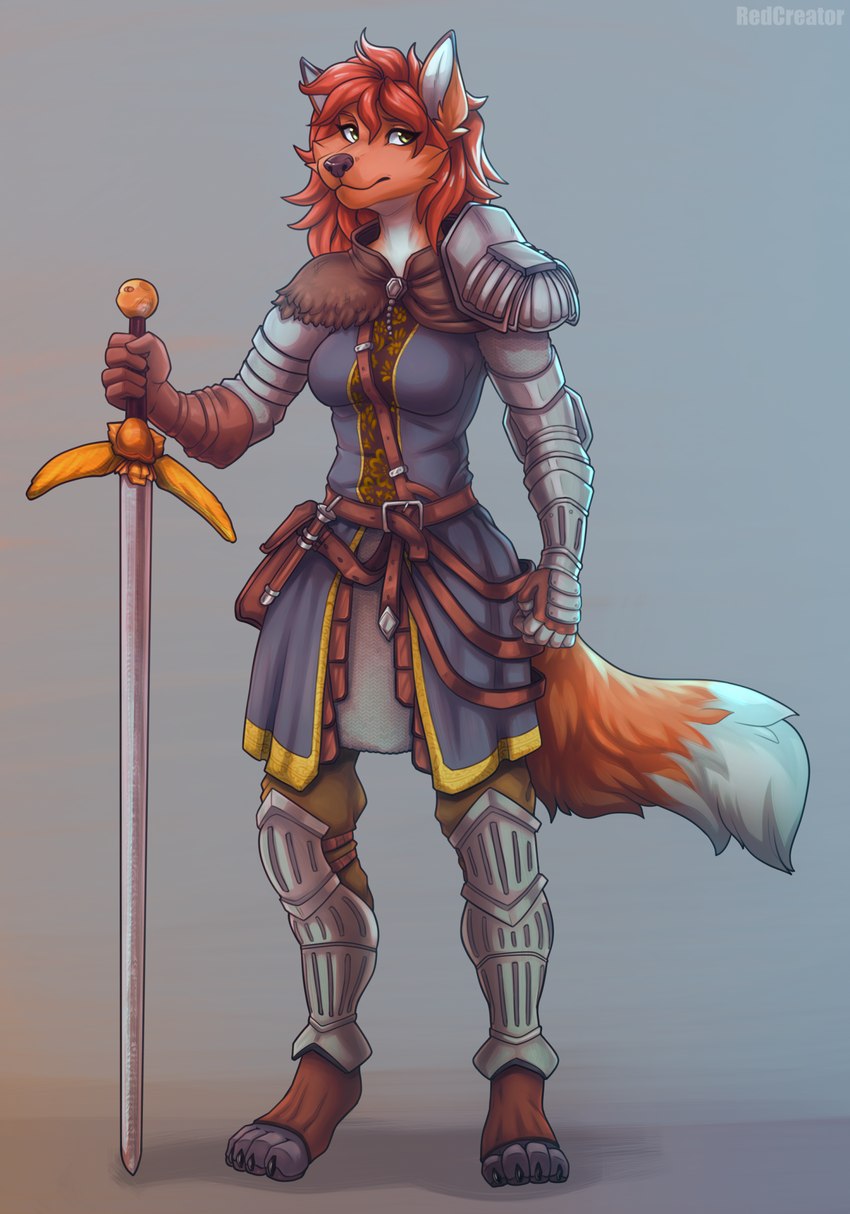 5_fingers 5_toes anthro breasts clothed clothing eyebrows eyelashes feet female fingers fur grey_background hair orange_body orange_fur red_hair simple_background toes weapon yellow_eyes redcreator canid canine fox mammal 2023 digital_media_(artwork) hi_res