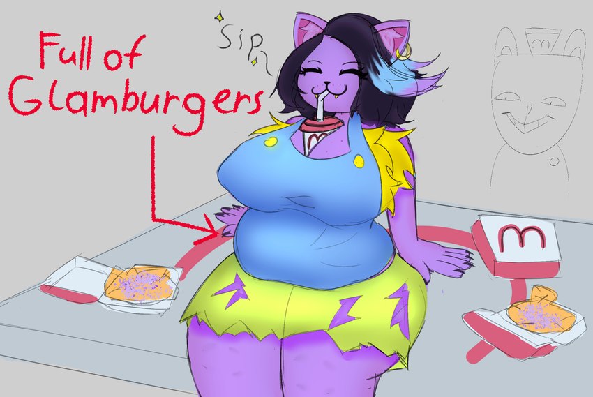 ambiguous_gender anthro belly beverage_between_breasts big_breasts black_hair bottomwear breasts claws clothing directional_arrow drinking drinking_straw duo ear_piercing ear_ring eyes_closed fast_food female female_focus food food_container freckled_breasts freckles grey_background hair happy huge_breasts nipple_outline overweight overweight_anthro overweight_female piercing purple_body ring_piercing shorts simple_background sitting smile solo_focus suspenders text thick_thighs wide_hips mrazel undertale undertale_(series) burgerpants catty_(undertale) domestic_cat felid feline felis mammal 2025 english_text hi_res male_(lore)