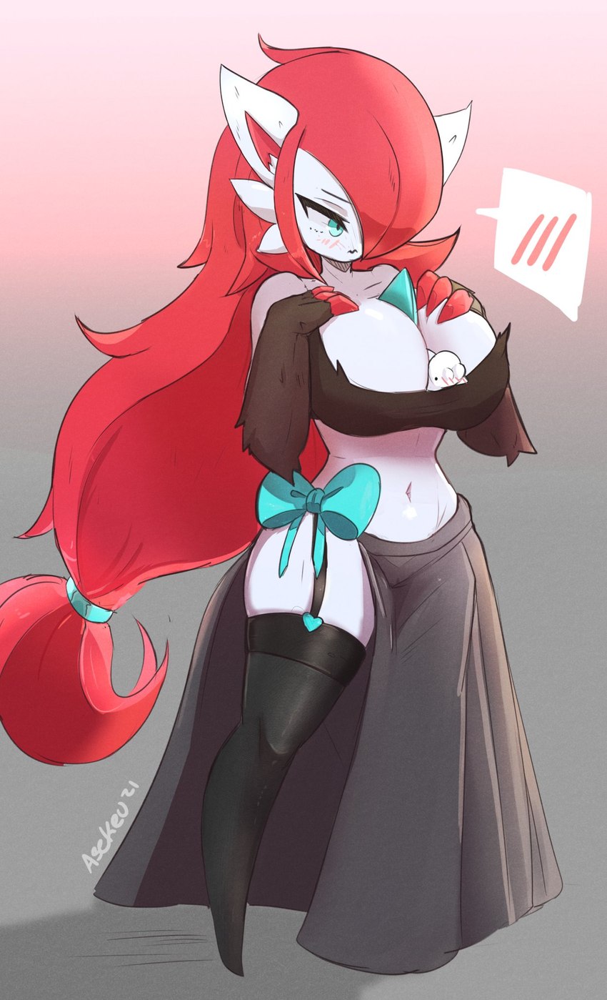 alternate_color ambiguous_gender anthro blue_eyes blush bow_accessory claws clothed clothing duo embarrassed female hair legwear nub_feet red_hair skindentation stockings waist_bow asekeu nintendo pokemon dusk_(psyke) gardevoir generation_3_pokemon generation_5_pokemon generation_8_pokemon hybrid pokemon_(species) snom zoroark 2021 hi_res