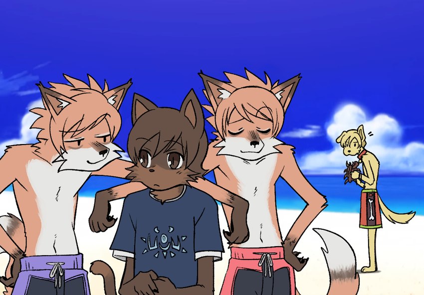 alternate_species ambiguous_gender anthro beach blonde_hair brown_body brown_eyes brown_fur brown_hair clothed clothing collar featureless_chest fur furrification group hair inner_ear_fluff kemono male orange_body orange_fur orange_hair seaside shirt smile snout swimming_trunks swimwear t-shirt tail topless topless_anthro topless_male topwear tuft yellow_body yellow_fur dew-creek ouran_high_school_host_club haruhi_fujioka hikaru_hitachiin kaoru_hitachiin tamaki_suoh canid canine canis domestic_cat domestic_dog felid feline felis fox mammal brother_(lore) sibling_(lore) twins_(lore)