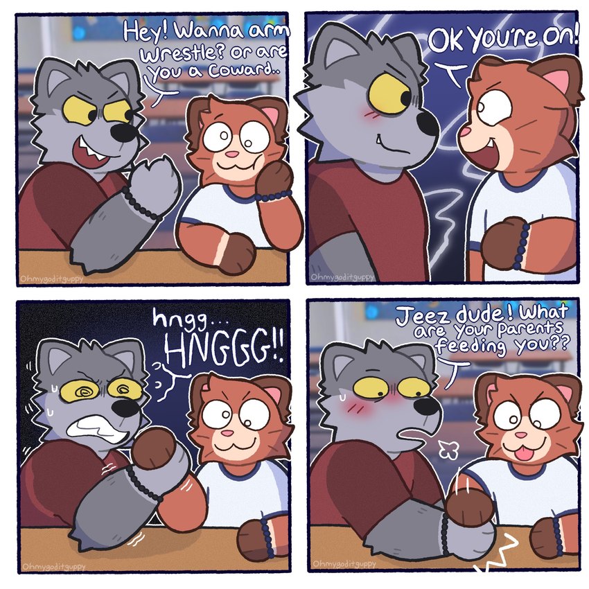 anthro arm_wrestling blush cross-eyed dialogue duo male male_anthro struggling text whiskers ohmygoditguppy curley_(ohmygoditguppy) terry_(ohmygoditguppy) canid canine canis domestic_cat felid feline felis mammal wolf 1:1 english_text hi_res