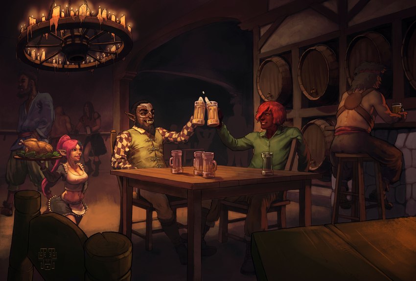 barmaid beard beer_mug clothing duo facial_hair food furniture hair maid_uniform pink_hair red_hair table tavern uniform waiter bonete orcs_&_overlords esahc magma_ashen mylya_ashen fire_genasi gnome humanoid mag'har_orc absurd_res hi_res signature