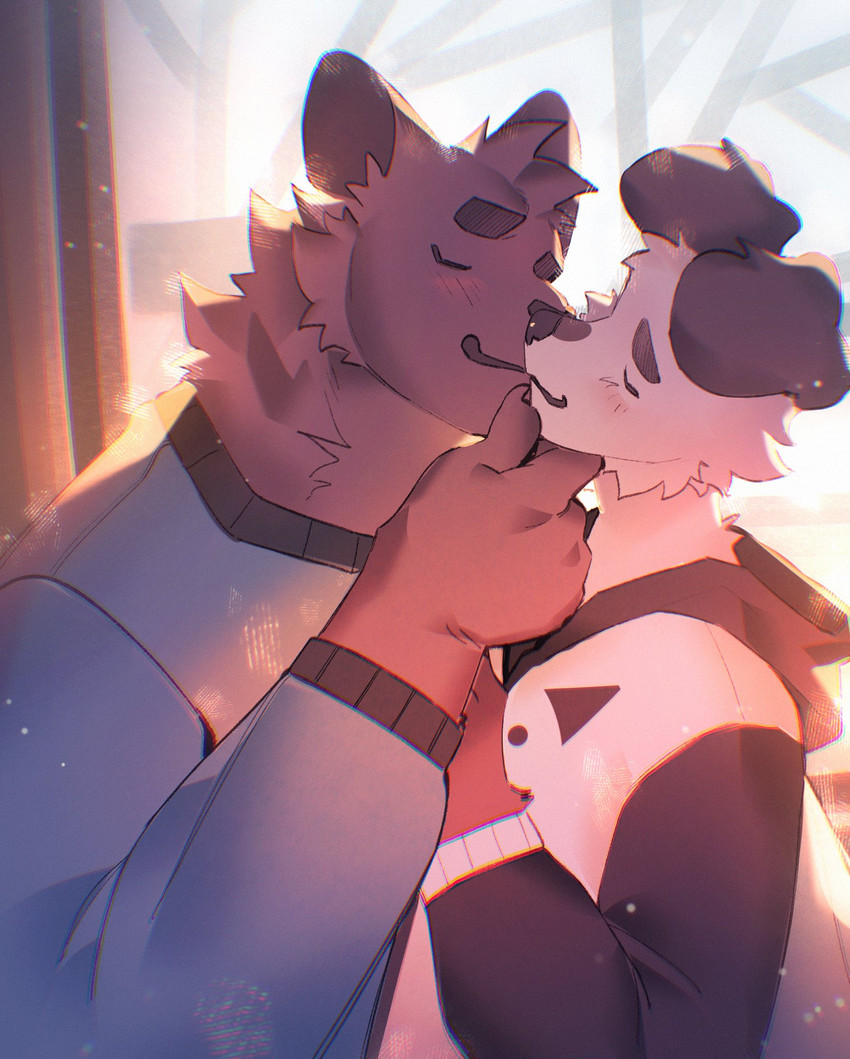 anthro black_body black_clothing black_fur black_hoodie black_topwear blue_clothing blue_sweater blue_topwear blush blush_lines clothing duo eyes_closed floppy_ears fur hoodie kissing male muscular muscular_anthro muscular_male slim_anthro slim_male sweater topwear white_body white_clothing white_fur white_hoodie white_topwear hemuchang pots_(hemuchang) shin_(hemuchang) canid canine canis domestic_dog felid mammal pantherine 2022 hi_res warm_colors