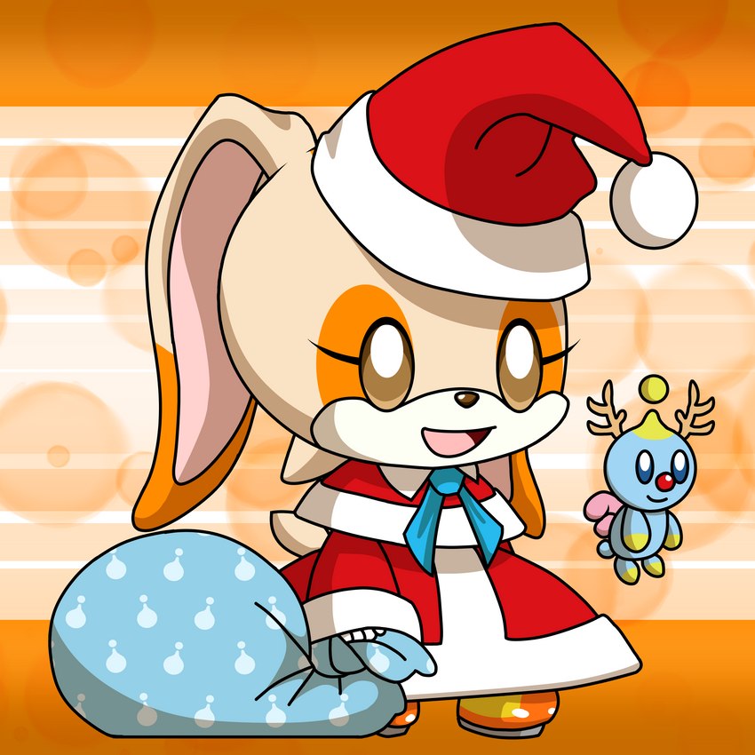 anthro bag beady_eyes blue_body brown_eyes chibi christmas_clothing christmas_headwear clothing costume eyelashes fake_horns female floppy_ears fur hat headgear headwear holidays markings orange_background orange_markings red_nose santa_costume santa_hat simple_background solo tan_body tan_fur wings yellow_markings evan_harrey christmas padoru sega sonic_the_hedgehog_(series) cheese_the_chao cream_the_rabbit chao_(sonic) lagomorph leporid mammal rabbit 1:1 hi_res meme