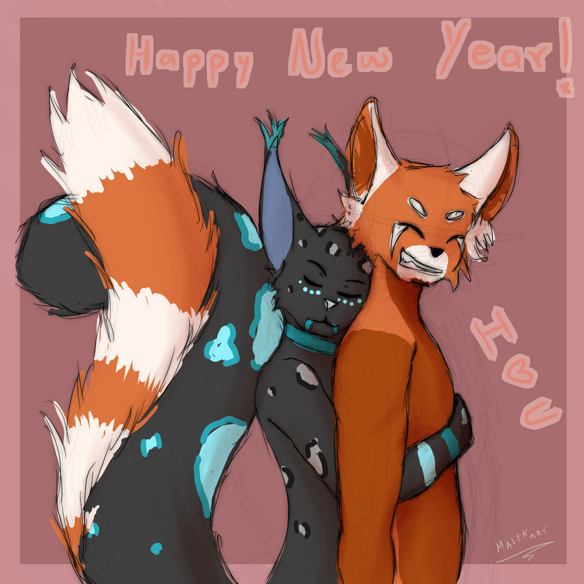 anthro duo heart_symbol holidays hug male male/male romantic romantic_couple derbasune malekart new_year katsu_(malekart) ailurid caracal caracal_(genus) felid feline hybrid mammal pantherine red_panda snow_leopard 1:1 hi_res sketch