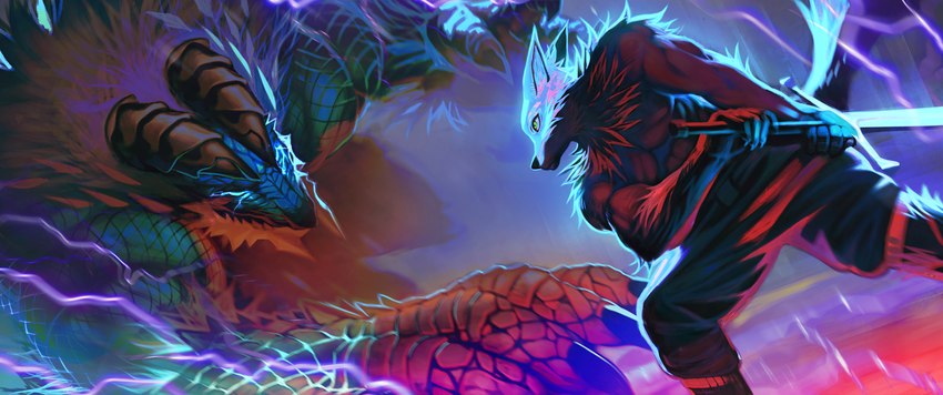 anthro black_body black_fur duo electricity feral fight fur glowing glowing_eyes lightning longsword scales shirtless weapon white_body white_fur capcom monster_hunter azki_(azki_wolf) canid canine canis fanged_wyvern mammal wolf zinogre absurd_res hi_res