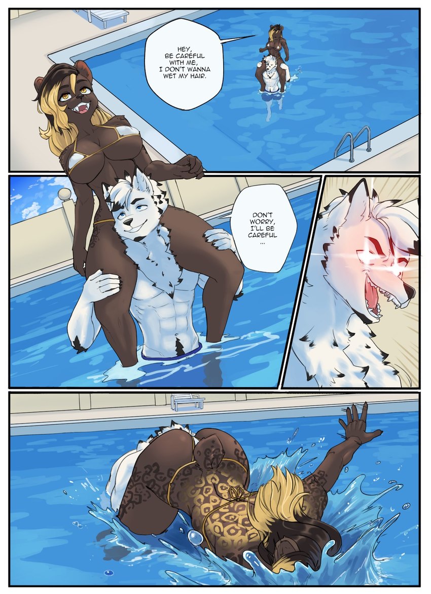 anthro big_breasts big_butt breasts butt clothing dialogue dropping duo fangs female fur male male/female markings neck_tuft open_mouth partially_submerged sitting_on_shoulders smile speech_bubble spots spotted_body spotted_fur standing_in_water swimming_pool swimming_trunks swimwear teeth text tuft water wet white_body white_fur kiu-wot gailio_(baelfire117) selena_(baelfire117) arctic_fox canid canine felid fox jaguar mammal pantherine prehistoric_species saber-toothed_tiger true_fox comic english_text hi_res