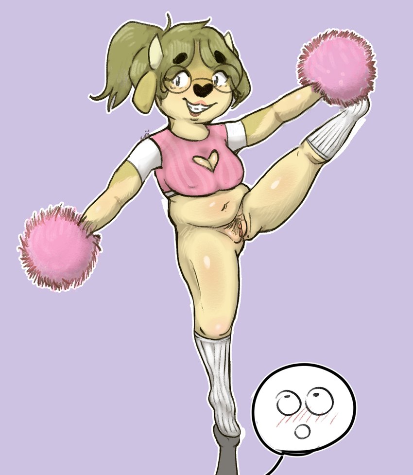 anthro balancing braces cheerleader cleavage_cutout clothed clothing cutout exhibitionism female footwear genitals knee_highs knee_socks legwear partially_clothed pom_poms pose pubes public pussy raised_leg socks solo bajaboobey maggie_hudson hi_res