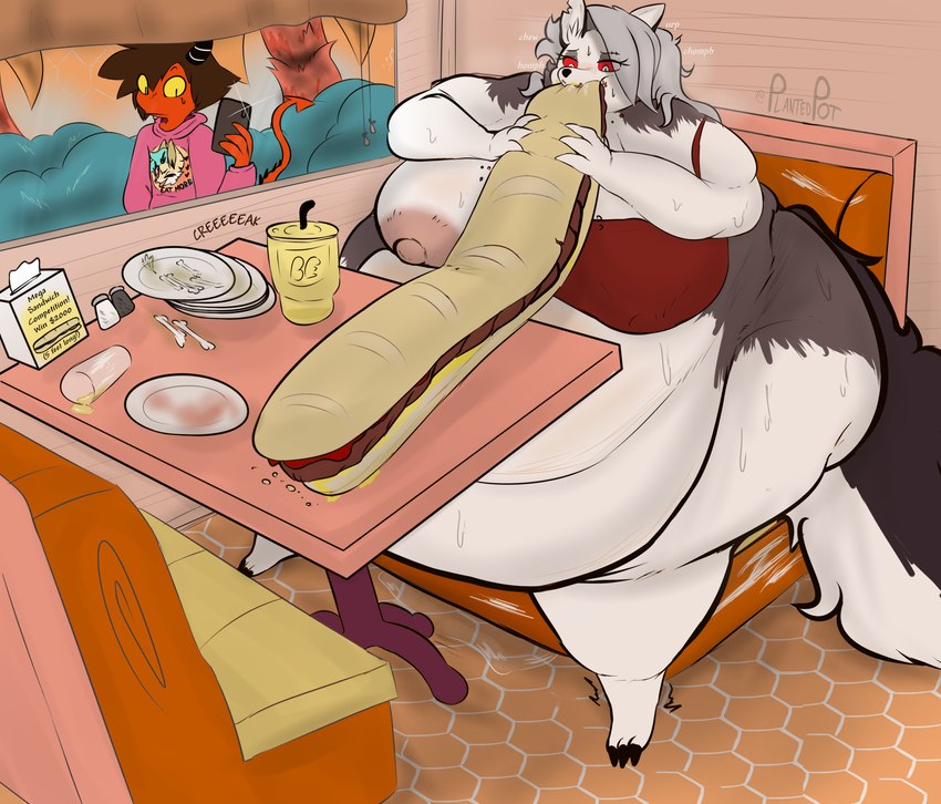 anthro areola being_watched belly big_belly big_breasts big_butt bodily_fluids breasts butt feeding female food fur grey_body grey_fur grey_hair hair holding_food holding_object huge_belly huge_breasts looking_at_another morbidly_obese morbidly_obese_anthro morbidly_obese_female nipples notched_ear obese obese_anthro obese_female one_breast_out overweight overweight_anthro overweight_female red_sclera sandwich_(food) sitting sweat text white_body white_eyes white_fur plantedpot helluva_boss mythology loona_(helluva_boss) canid canid_demon canine demon hellhound imp mammal mythological_canine mythological_creature english_text hi_res