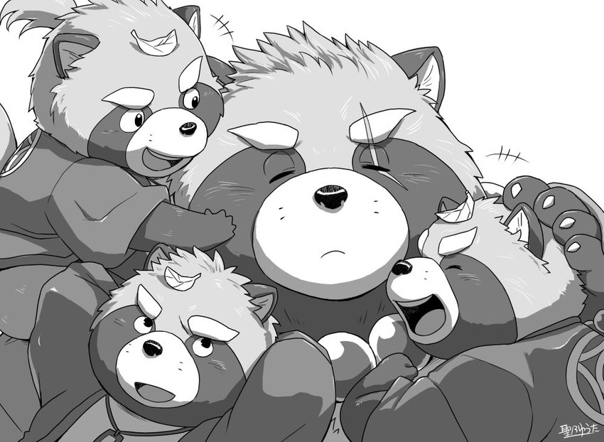 anthro clothed clothing eyes_closed group humanoid_hands kemono leaf male scar simple_background size_difference slightly_chubby white_background young hijirinoyuta lifewonders tokyo_afterschool_summoners gyobu's_underlings gyobu_(tas) canid canine mammal raccoon_dog tanuki 2021 monochrome