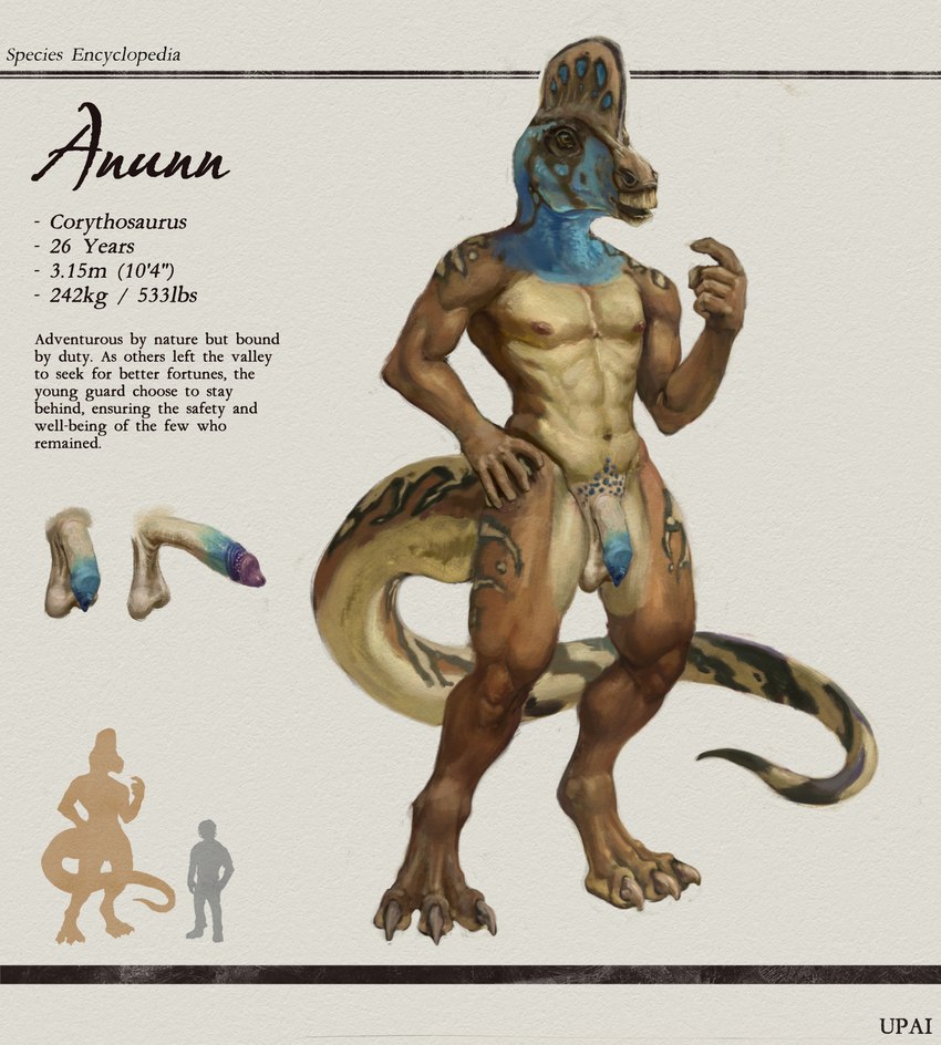 abs anthro beak chart claws foreskin genitals height_chart male nipples penis solo stated_age stated_height stated_weight tail upai anunn_(upai) corythosaurus dinosaur hadrosaurid ornithischian ornithopod prehistoric_species reptile scalie hi_res model_sheet