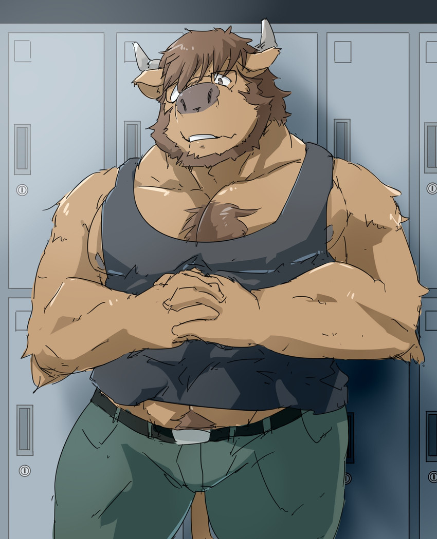 anthro bottomwear brown_body brown_fur clothing detailed_background eyewear fur glasses horn humanoid_hands kemono male musclegut muscular pants shirt solo topwear train_(artist) bovid bovine cattle mammal 2021 hi_res