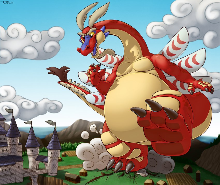 3_toes 4_fingers anthro belly big_belly blue_tongue castle claws cloud destruction feet fingers long_neck macro mountain open_mouth overweight sea sky solo tail toes tongue water wings yellow_sclera teaselbone mythology nintendo the_legend_of_zelda wind_waker valoo dragon mythological_creature mythological_scalie scalie 2013 hi_res