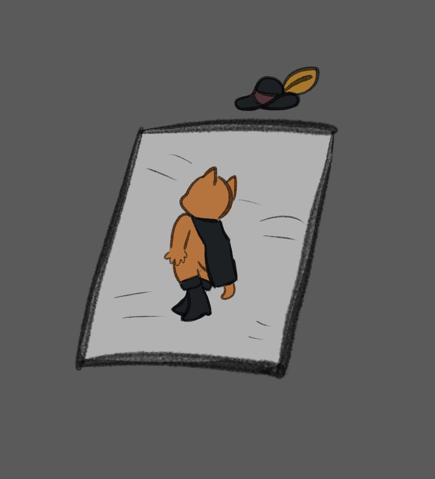 anthro boots cape clothing footwear fur glue_trap hat headgear headwear humor lying male on_side orange_body orange_fur shoes simple_background solo stuck tail slickwilhelmina dreamworks dying_in_a_glue_trap puss_in_boots_(franchise) puss_in_boots_(dreamworks) domestic_cat felid feline felis mammal flat_colors meme