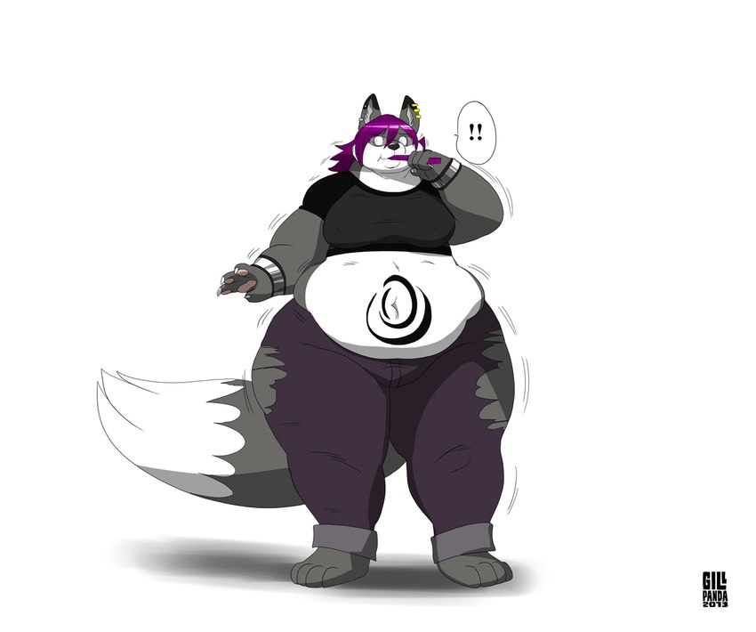 anthro breasts claws exclamation_point eyewear female gender_transformation glasses gynomorph hair intersex mtg_transformation mti_transformation obese obese_anthro obese_female overweight overweight_anthro overweight_female solo speech_bubble transformation weight_gain wide_hips gillpanda anuv canid canine fox hybrid mammal 2013