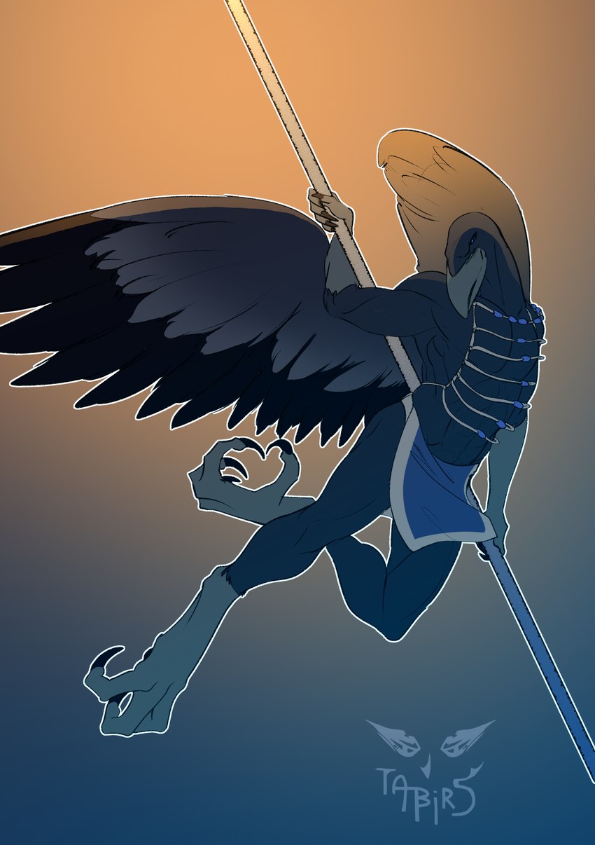 anthro black_body black_feathers clothing dancing feathers jewelry male pole pole_dancing solo wing_spreading wings tabirs ifanro avian bird corvid corvus_(genus) crow oscine passerine absurd_res hi_res