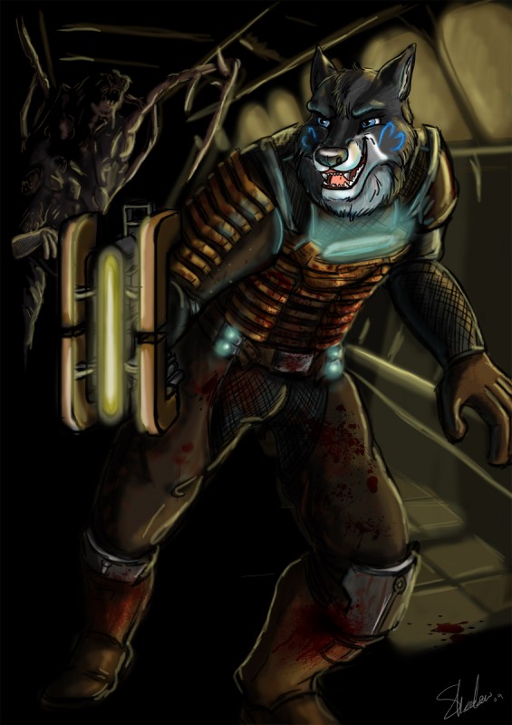 anthro blood blue_eyes bodily_fluids duo glowing male plasma_cutter solo_focus remusshadowcast dead_space electronic_arts visceral_games remus_shadowcast_(remusshadowcast) alien canid canine canis flesh_creature humanoid mammal monster monstrous_humanoid necromorph slasher_(dead_space) undead wolf zombie digital_media_(artwork) full-length_portrait hi_res portrait