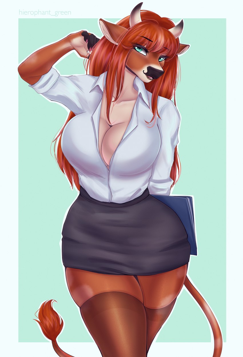 anthro big_breasts black_nose blue_eyes bottomwear breasts brown_body brown_clothing brown_ears brown_hair brown_legwear brown_stockings brown_tail brown_thigh_highs brown_tuft cleavage clothed clothing colored_nails countershade_face countershade_hands countershading curvy_figure female fully_clothed grey_bottomwear grey_clothing grey_skirt hair head_horn holding_object horn hourglass_figure legwear long_hair looking_at_viewer nails office open_mouth pink_nails pink_tongue secretary shirt skirt smile solo standing stockings tail tail_tuft tan_body tan_countershading tan_inner_ear thick_thighs thigh_highs tongue topwear tuft white_clothing white_shirt white_topwear hierophant_green_(artist) bovid bovine cattle mammal 2023 absurd_res digital_drawing_(artwork) digital_media_(artwork) hi_res