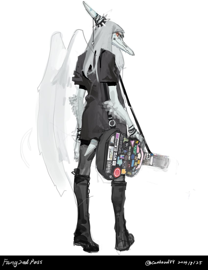 alternate_costume alternate_form anthro clothed clothing female grey_hair guitar_case hair jewelry long_hair looking_at_viewer looking_back orange_eyes rear_view simple_background solo white_background wings catheadyy goodbye_volcano_high fang_(gvh) prehistoric_species pterodactylus pterosaur reptile scalie absurd_res hi_res