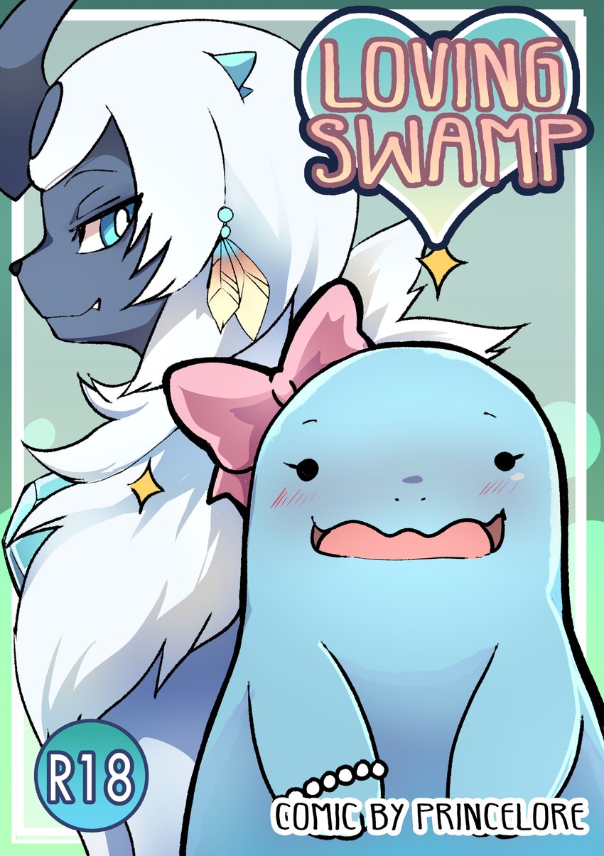 accessory blue_eyes blush bow_ribbon duo feathers female feral fluffy fur furry_chest hair interspecies male male/female open_mouth text title loreking nintendo pokemon jade_(loreking) yang_(loreking) absol generation_2_pokemon generation_3_pokemon pokemon_(species) quagsire absurd_res comic cover cover_art cover_page hi_res