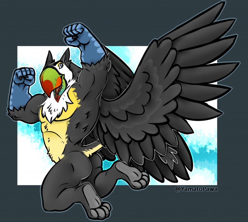 anthro beak black_body black_fur butt feathers fist_pump flying fur happy male muscular paws solo tail talon_hands wings yamatopawa mythology avian bird gryphon mythological_avian mythological_creature toucan