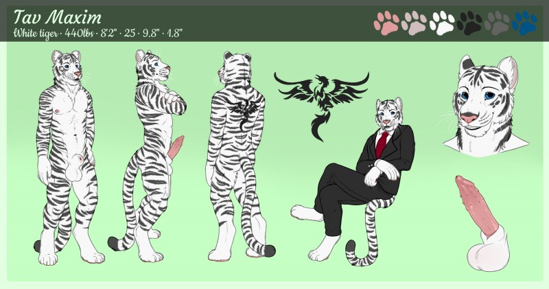 anatomically_correct anthro balls blue_eyes clothing erection fur looking_at_viewer male necktie nipples nude penis smile solo stripes suit white_body white_fur tau_maxim felid mammal pantherine siberian_tiger tiger 2019 absurd_res digital_media_(artwork) hi_res model_sheet